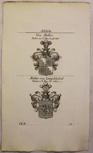 Kupferstich Wappen Familie von Müller & Müller v. Leupoldsdorf 1825 Heraldik xz