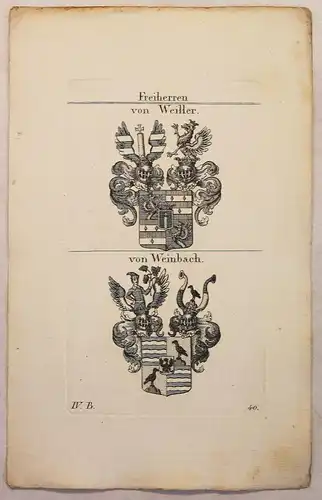 Kupferstich Wappen Familie von Weiller & v Weinbach 1825 Heraldik Adel Bayern xz