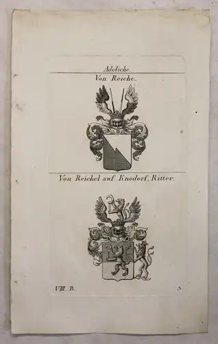 Kupferstich Wappen Familie Von Reiche & Von Reichel auf Knodorf 1825 Heraldik xz