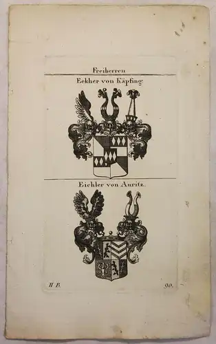 Kupferstich Wappen Familie Eckher von Käpfing & Eichler von Auritz 1825 Heraldik
