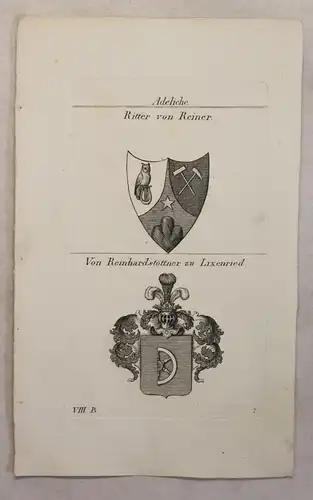 Kupferstich Wappen Familie Ritter v. Reiner & Reinhardstöttner 1825 Heraldik xz