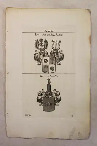 Kupferstich Wappen Familie v. Schmadel Ritter & v. Schmaltz 1825 Heraldik Bayern
