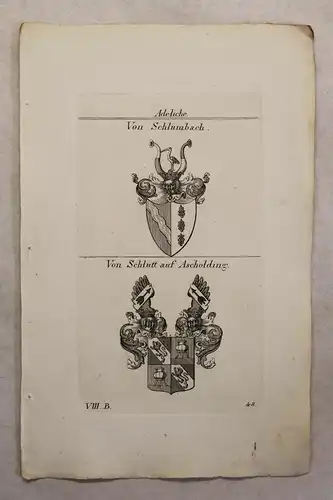 Kupferstich Wappen Familie Von Schlümbach & Von Schlutt 1825 Heraldik Bayern xz