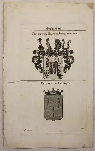 Kupferstich Wappen Familie Closen v. Haydenburg & Espiard 1825 Heraldik Bayern