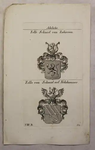 Kupferstich Wappen Familie Edle Schmid v. Zabieron & Holzhammer 1825 Heraldik xz