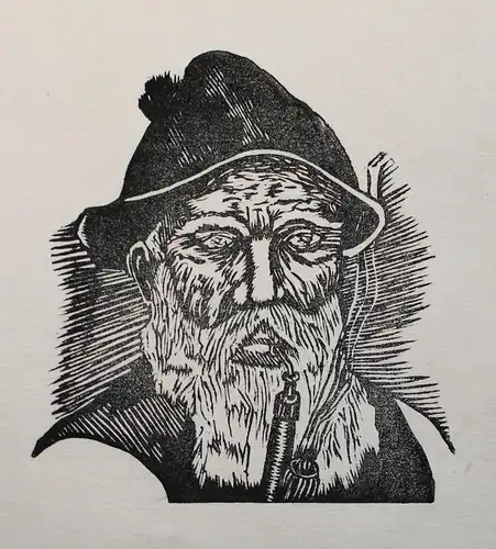 Holzschnitt Erzgebirgsbauer mit Pfeife Alter Mann ca. 13x14 cm - Druckgrafik xz