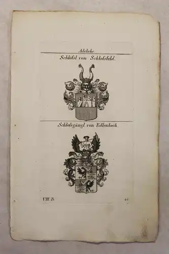Kupferstich Wappen Familie Schlössl v. Schlossfeld & Schlossgängl 1825 Heraldik