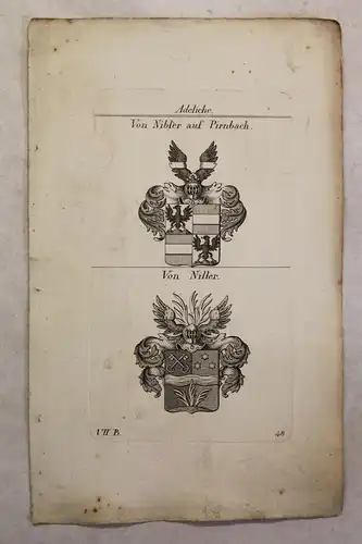 Kupferstich Wappen Familie Von Nibler auf Pirnbach & Von Niller 1825 Heraldik xz