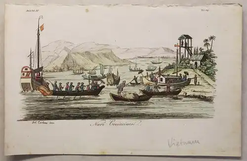 Asien Vietnam Schiffe Ansicht Kupferstich um 1825 Carboni handkoloriert Grafik