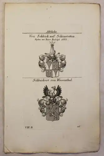 Kupferstich Wappen Familie Von Schleich & Schleichert 1825 Heraldik Adel Bayern