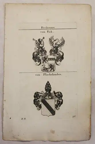 Kupferstich Wappen Familie von Fick & von Flachslanden 1825 Heraldik Adel Bayern