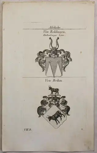 Kupferstich Wappen Familie Von Rehlingen & Von Rehm 1825 Heraldik Adel Bayern xz