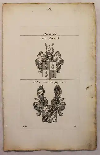 Kupferstich Wappen Familie Von Linck & Edle von Lippert 1825 Heraldik Bayern xz