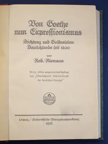 Riemann Von Goethe zum Expressionismus 1922 Belletristik Erzählung Literatur js