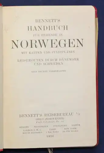 Bennett's Handbuch für Reisende in Norwegen 1926 Landeskunde Geografie sf