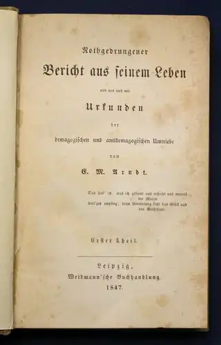 Arndt Nothgedrungerner Bericht aus meinem Leben 1847 Belletristik Gedichte js