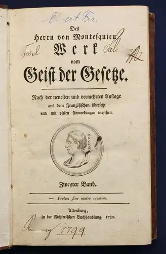 Des Herrn von Montesquien Werk vom Geist der Gesetze 2. Band 1782 Geschichte sf