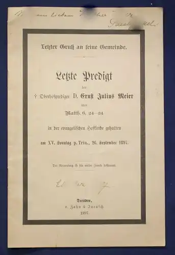 Letzte Predigt des Oberhofprediger D. Ernst Julius Meier 1897 Religion sf