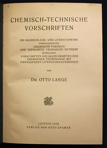 Lange Chemisch - Technische Vorschriften 1916 Nachschlagewerk Industrie sf