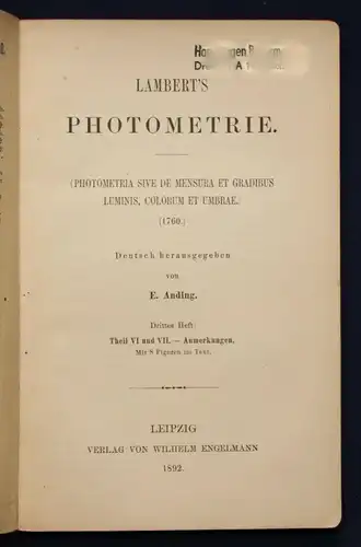 Anding Lambert's Photometrie Nr. 33 1892 Wissenschaften Studium Chemie sf
