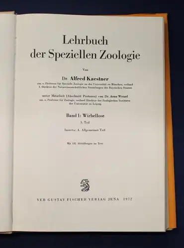 Kaestner Lehrbuch der speziellen Zoologie 1972 Band 1: Wirbellose 3. Teil js