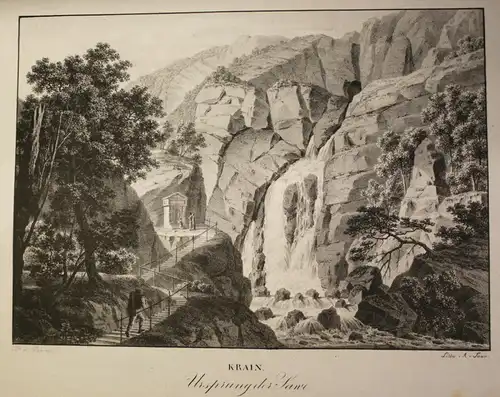 Alois von Saar Krain-Ursprung der Sarve (Save) um 1830 Grafik Lithografie sf