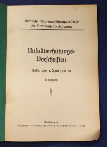 Or. Broschur Unfallverhütungsvorschriften Teilausgabe 1935 Gesetze Politik js