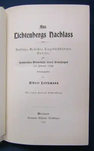 Leitzmann Aus Lichtenbergs Nachlass Aufsätze,Gedichte,Tagebuchblätter 1899 js