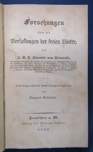 Sismondi Forschungen über die Verfassungen der freien Völker 1837 Recht Jura sf