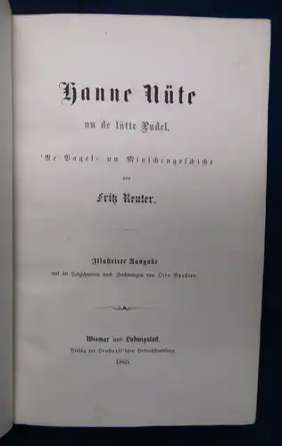 Reuter/ Speckter Hanne Nüte un de lütte Pudel 1865 Bibliophilie Erstauagabe sf