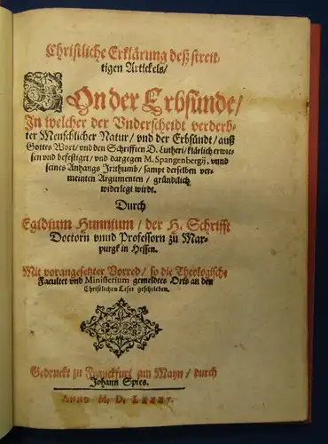 Hunnius Christliche Erklärung deß streitigen Artickels/ Von der Erbsünde 1585 sf