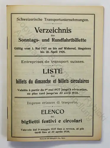 Original Prospekt Verzeichnis der Sonntags- und Rundfahrtbillette Schweiz 1927