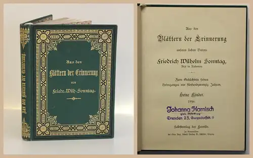 Friedrich Wilhelm Sonntag Aus den Blättern der Erinnerung um 1890 Gedichte rara