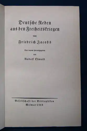 Jacobs Deutsche Reden aus den Freiheitskriegen 1915 Militaria Militär js