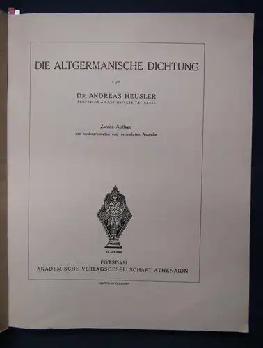 Heusler Die Altgermanische Dichtung 2. Auflage 1941 Belletristik Geschichte sf