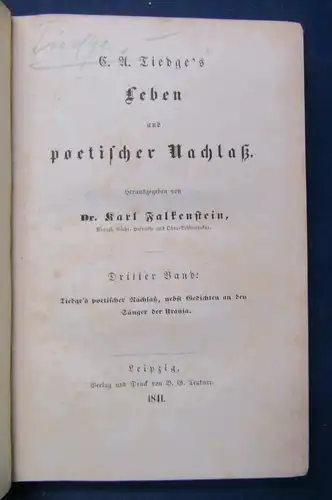 Falkenstein Tiedge's Leben und poetischer Nachlaß 3. Band apart 1841 sf