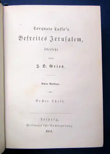 Gries "Torquato Tasso'S Befreites Jerusalem" 2 Bde in 1 1851 Geschichte sf