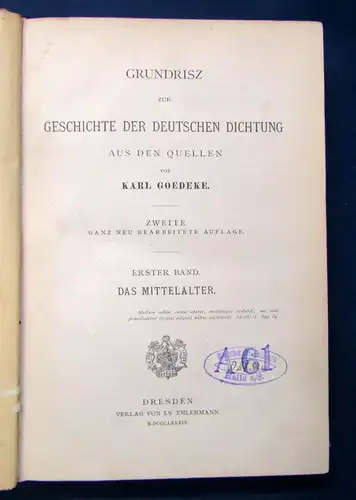 Goedeke Grundrisz zur Geschichte der deutschen Dichtung 1. Band apart 1884 sf