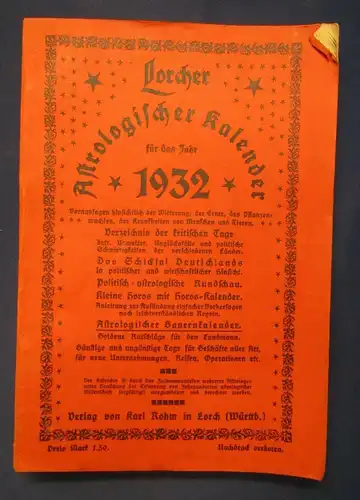 Lorcher Astrologischer Kalender für das Jahr 1932 Tierkreiszeichen Horos  js