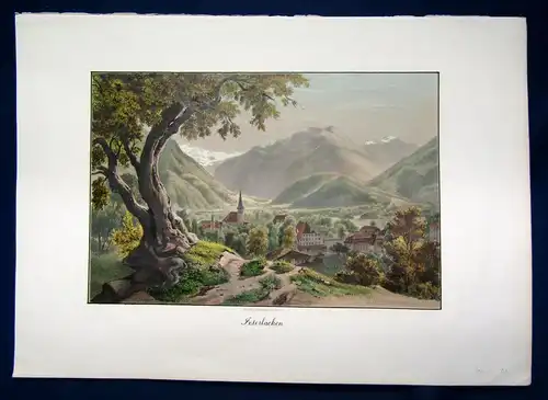 handkolorierte Lithografie "Interlaken-Vallee d'Interlacken" um 1850 Schweiz sf