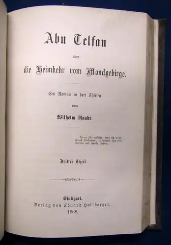 Raabe Abu Telfan oder die Heimkehr vom Mondgebirge 3 Tle in 1 1868 EA Roman sf