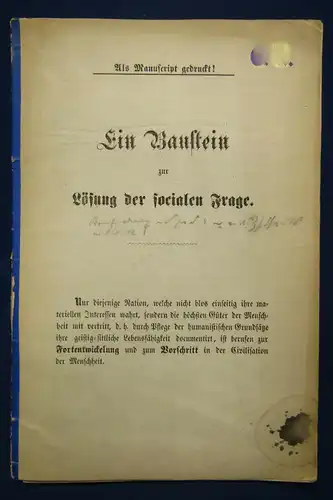 Ein Baustein zur Lösung der socialen Frage 2 Stck. 1871 u. 1896 Manuscript js