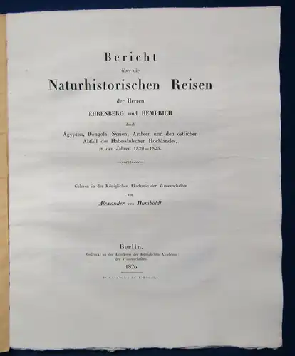 Humboldt Bericht über die Naturhistorischen Reisen d. Hern. Ehrenberg 1826 EA js