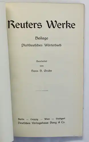 Grube Plattdeutsches Wörterbuch Beilage zu Reuters Werke um 1920 Niederdeutsch