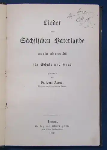 Arras Lieder vom sächsischen Vaterlande aus alter und neuer Zeit 1892 js