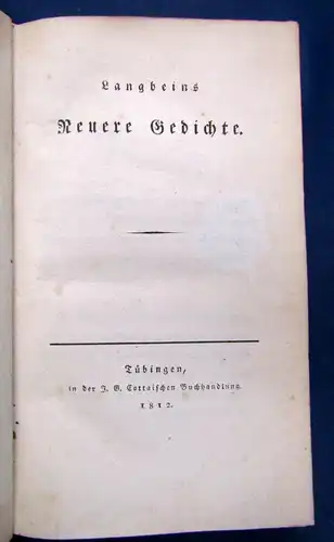 Langbeins Neuere Gedichte 1812 Belletristik Literatur Erzählungen Geschichten sf
