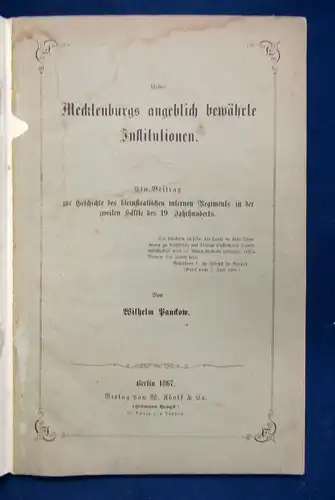 Panckow Ueber Mecklenburgs angeblich bewährte Institutionen 1867 Landeskunde sf