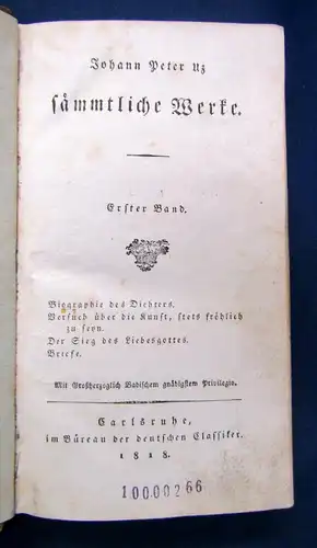 Johann Peter Uz Sämmtliche Werke 2 Teile in 1 Band 1818  Belletristik sf