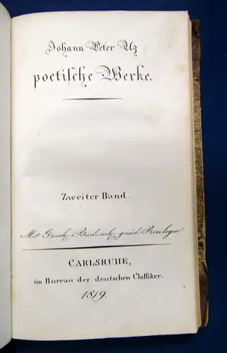 Johann Peter Uz Sämmtliche Werke 2 Teile in 1 Band 1818  Belletristik sf