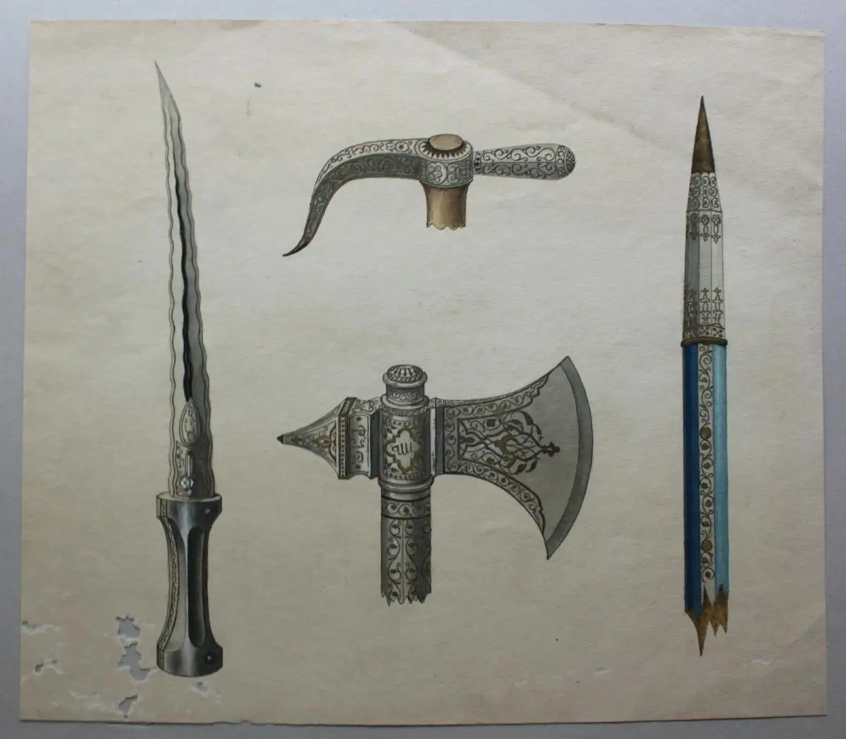 Gouache Indische Waffen Dolch Axt Speer/ Gefäße und Ornamente um 1880 sf 1